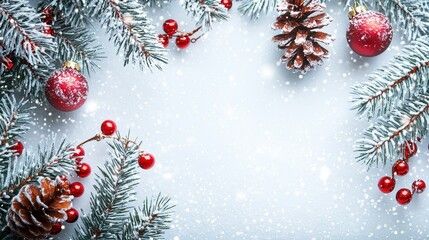Festive Winter Background with Snow, Pinecones, and Red Ornaments