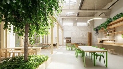 Fototapeta premium Bright and Spacious Modern Office Interior with Greenery and Natural Light