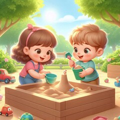 Naklejka premium Happy Toddlers Playing in the Sandbox
