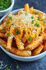 A close-up of indulgent dirty fries topped with melted cheese, crispy and loaded with savory, hearty toppings. This mouth-watering comfort food is a delicious, greasy, and satisfying fast food treat.

