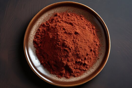 Close up of ground hot chili spice on a gray ceramic plate viewed from above