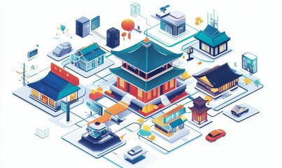 Fototapeta premium Smart city, Chinese architecture, interconnected technology.