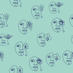 Outline woman face, abstract flowers leaves, line continuous drawing vector seamless pattern. Female portrait