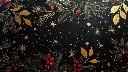 Festive Gold and Red Holly Pattern on Black Background