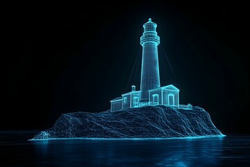 A stylized digital rendering of a neon wireframe outline of a historical lighthouse standing out in the darkness, casting its light onto the ocean below.