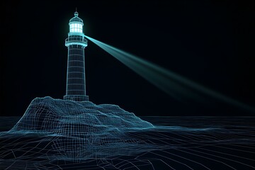 Neon wireframe lighthouse beacon isolated on black background.