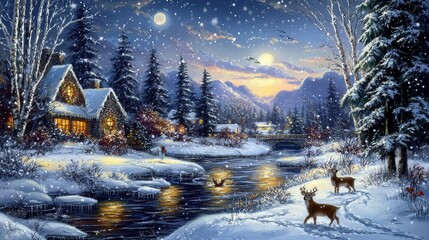 Winter Wonderland with Cottage and Deer