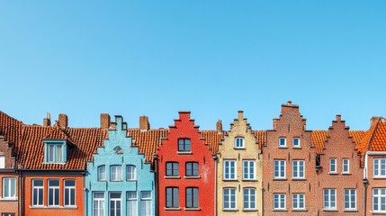 Fototapeta premium Colorful Gabled Houses with Bright Facades Against Clear Blue Sky