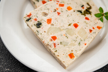 fish terrine and sea scallops san jacques seafood fresh tasty food dish delicious gourmet food background on the table rustic food top view copy space keto and paleo diet pescetarianism diet