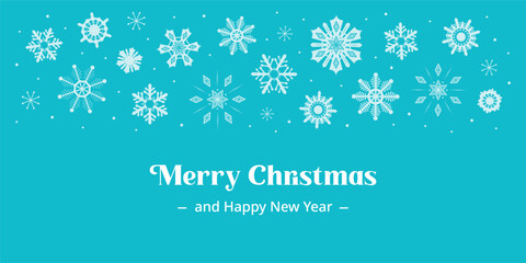 Blue Christmas banner simple design with snowflakes. Merry Christmas and happy new year text. Holiday border frame snowflake crystals. Falling snow blue design for brand greeting gift card, header.