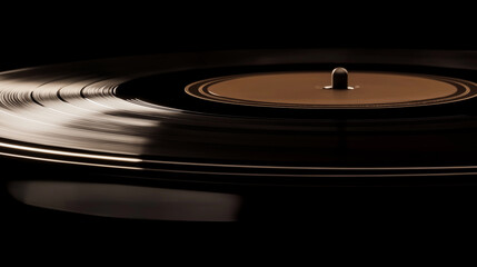 Close-up of vinyl record grooves with soft reflections, isolated on a seamless dark background, evoking nostalgia with a clean and timeless composition, capturing the essence of music history.