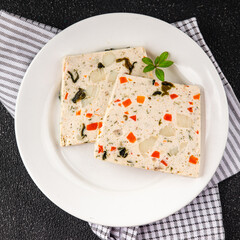 fish terrine and sea scallops san jacques seafood fresh tasty food dish delicious gourmet food background on the table rustic food top view copy space keto and paleo diet pescetarianism diet