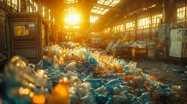 Sunlit plastic bottles in abandoned warehouse reflecting environmental concerns