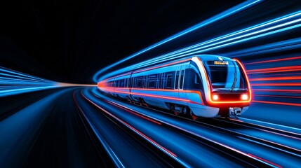 The hyperloop train zips through a brightly illuminated tunnel, highlighting the swift and advanced nature of the journey.