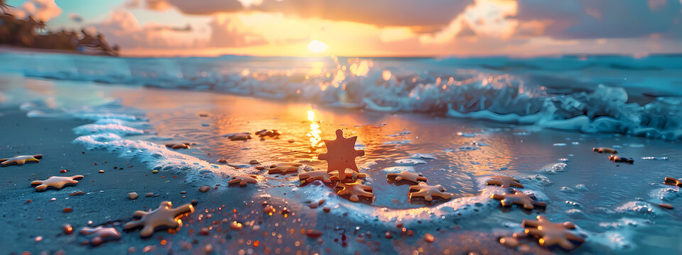 A golden puzzle piece rests on a glistening beach as the sun sets, casting warm hues over the flowing waves and scattered pieces.