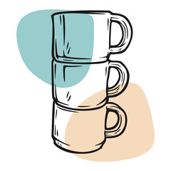 Hand drawn style of three coffee cup stacked