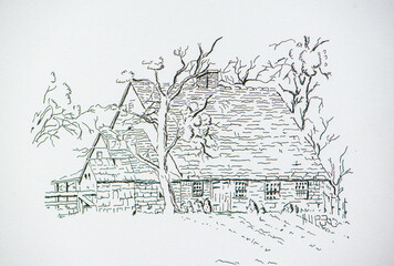 Beautiful ink sketch of village English house.