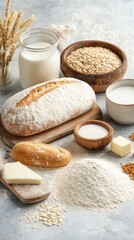 Fototapeta premium Various ingredients for baking displayed on a kitchen countertop featuring flour, butter, and milk