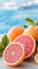 Bright citrus fruits displayed on a colorful background at a sunny kitchen setting