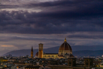 Naklejka premium Florence city, Firenze architecture in Italy. Santa Maria del Fiore Cathedral, Duomo huge domes and walls as part of night cityscape from the hill above the city