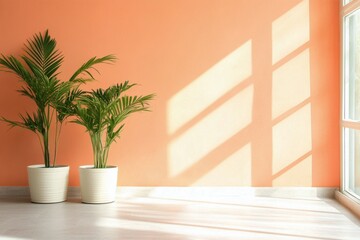 Bright indoor space showcasing potted plants against a peach wall with sunlight streaming in