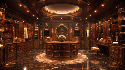 Obraz premium A luxurious walk-in closet with custom shelving, a dressing island, and elegant lighting. Designed for style and organization.