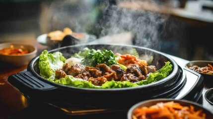 Fototapeta premium Delicious sizzling Korean barbecue dish with fresh ingredients
