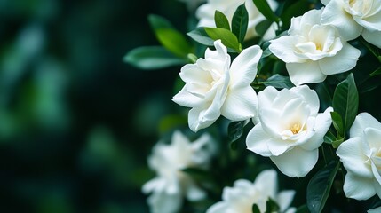 An elegant cascade of white gardenias against a deep forest green background, artistic close-up shot, Minimalist style