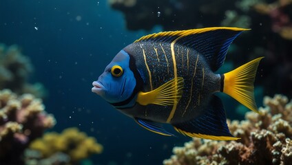 Naklejka premium Blue angelfish with golden lines swimming.