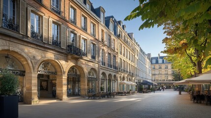 Naklejka premium Charming Street Scene with Elegant Buildings and Outdoor Cafes
