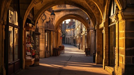 Charming Old Town Street at Sunset with Arched Walkways and Lights