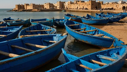 Obraz premium Blue boats in the port of Essaouira, Morocco.