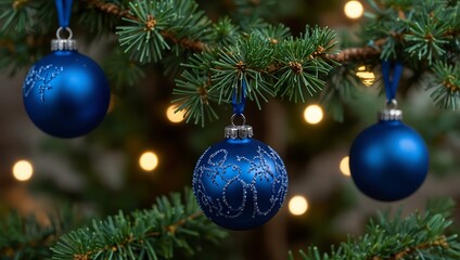 Fototapeta premium Blue Christmas ornaments hanging from a tree.