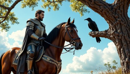 Close-up of a knight in medieval attire on a beautiful chestnut horse, gazing at a raven perched on a tree branch