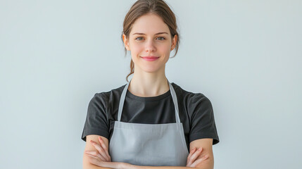 Confident young caucasian female barista in apron with a pleasant smile