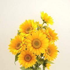Obraz premium A beautiful arrangement of artificial sunflowers in bright yellow against a soft white background, garden party theme, cheerful vibe, happy decor, soft white background, floral motifs