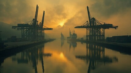 Fototapeta premium Serene Sunset Over Industrial Port with Cranes and Water Reflection