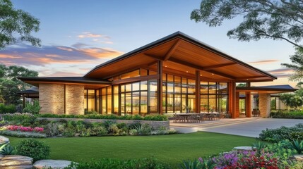 Modern Elegant Home with Large Windows Surrounded by Lush Landscape