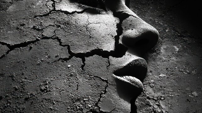 Cracked face, monochrome, dry skin, textured, abstract.
