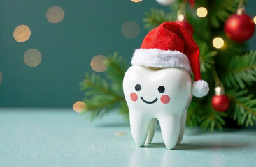 Christmas greeting card 2025. Figurine of a tooth with smile face and Santa hat with a New Year tree on light green bokeh background. Copy space for text