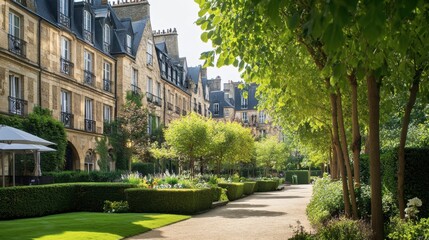 Obraz premium Serene Urban Garden Pathway Surrounded by Elegant Historic Buildings