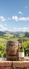 A bottle of white wine placed next to an old rustic barrel on a vineyard setting, aged, winetasting, scenic