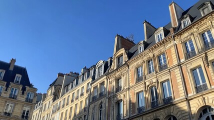 Obraz premium Charming Historic Buildings Under Clear Blue Sky in Urban Setting