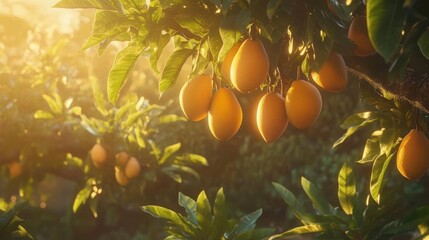 Golden Hour in the Orchard: Ripe Lucuma Fruits Basking in Sunlight