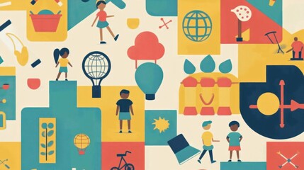 A Colorful Collage of Childhood Activities and Global Themes