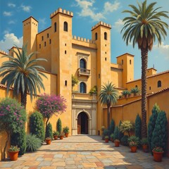 a painting of a castle with palm trees and flowers.