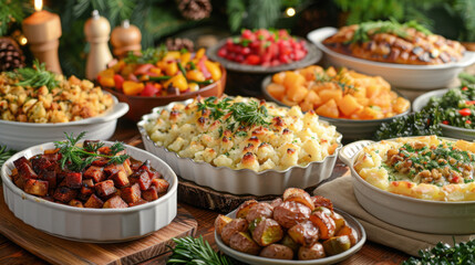 Obraz premium An assortment of Thanksgiving side dishes, including stuffing, mashed potatoes, and roasted vegetables, displayed․