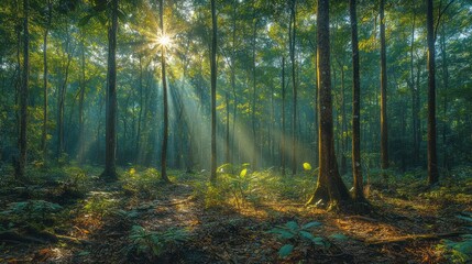 Obraz premium Sunbeams piercing through misty forest.