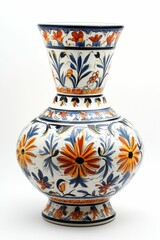 Ornate floral vase; blue, orange, white.