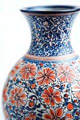 Ornate ceramic vase, floral pattern, blue and orange.